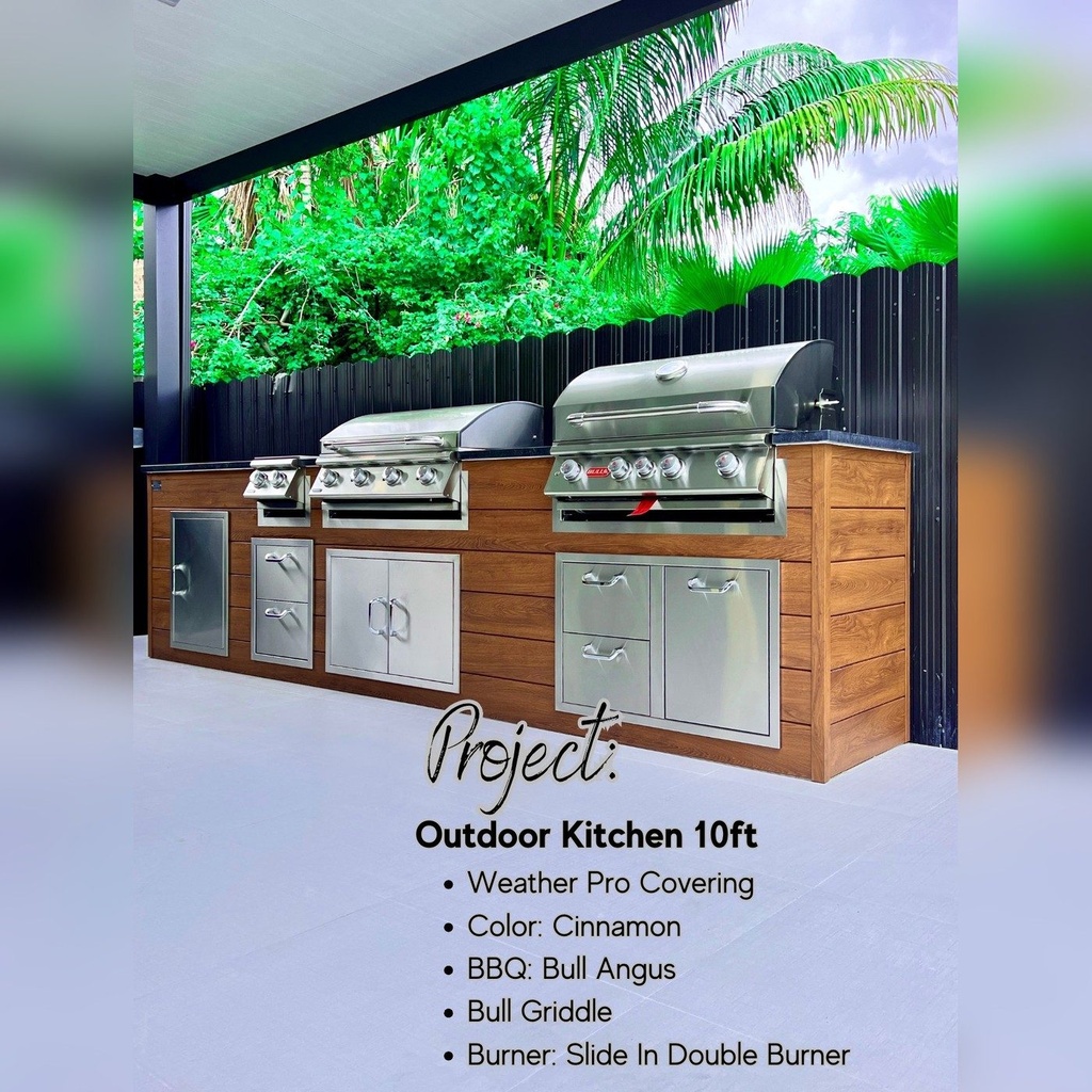 As installed by Perello Patio · Outdoorkitchen 10 ft · Cinnamon Walnut · Bull 30" Outlaw LP