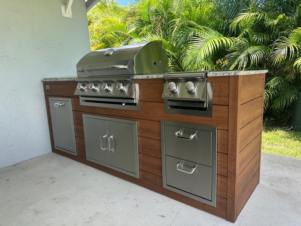 Outdoorkitchen 7 ft · Cinnamon Walnut · Bull Outlaw 30-Inch 4-Burner Built-In Propane Gas Grill - full view