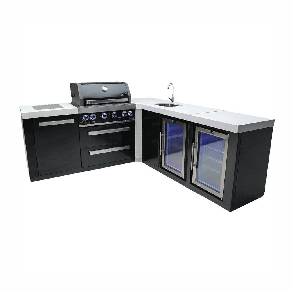 [MAi400-BSS90BEVFC] Mont Alpi Black Series 10 1/2 Ft L-Shaped Propane Outdoor Kitchen Island w/ Side Burner, Beverage Center & Fridge