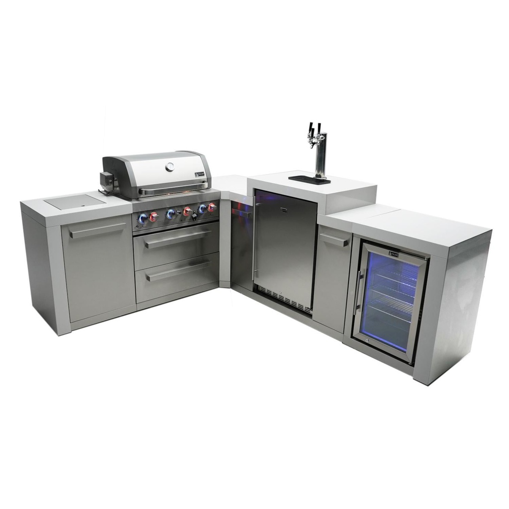 Mont Alpi Deluxe Series 7 Ft L-Shaped Propane Outdoor Kitchen Island w/ Side Burner, Kegerator & Fridge