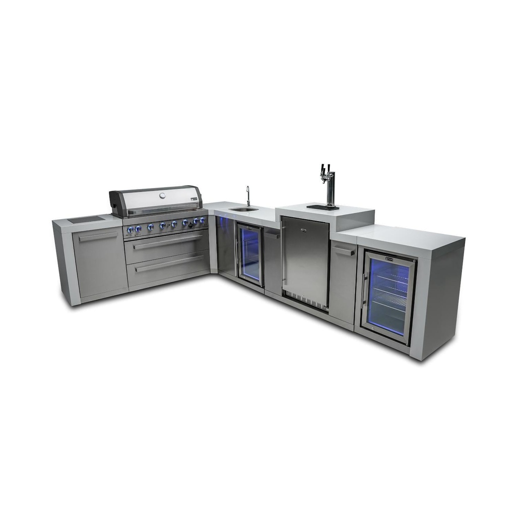 Mont Alpi Deluxe Series 8 Ft L-Shaped Propane Outdoor Kitchen Island w/ Side Burner, Beverage Center, Fridge, & Kegerator